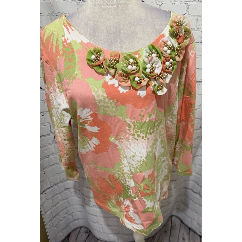 Ruby Rd Embellished Floral Top Spring Beaded Artsy Eclectic 3/4 Sleeve Size XL